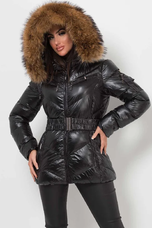 Real Fur Hood Puffer Jacket With Belt Black Fleece Jacket Down Jacket Parka