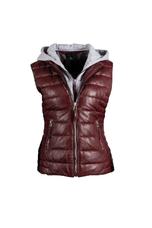 Robi Hooded Leather Jacket - Crimson Red Zippered Jacket Buttoned Jacket Snapped Jacket