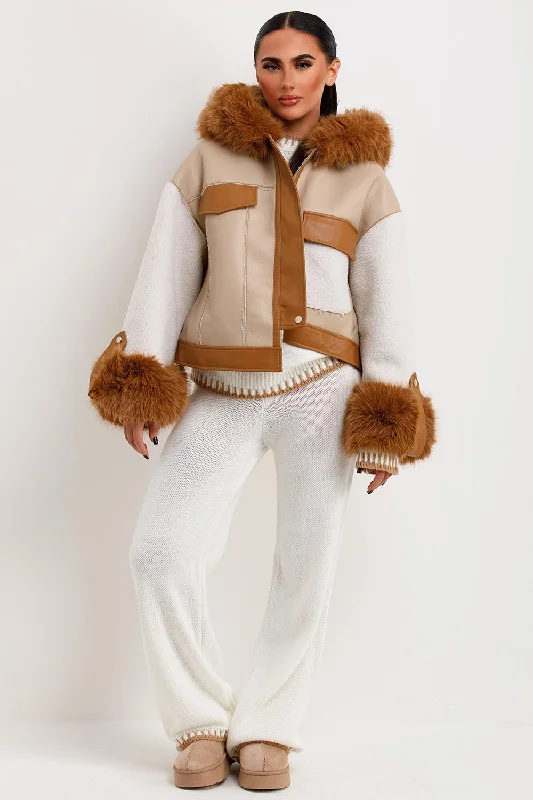 Shearling Faux Leather Jacket With Faux Fur Hood Beige Hooded Jacket Caped Jacket Shawl Collar Jacket