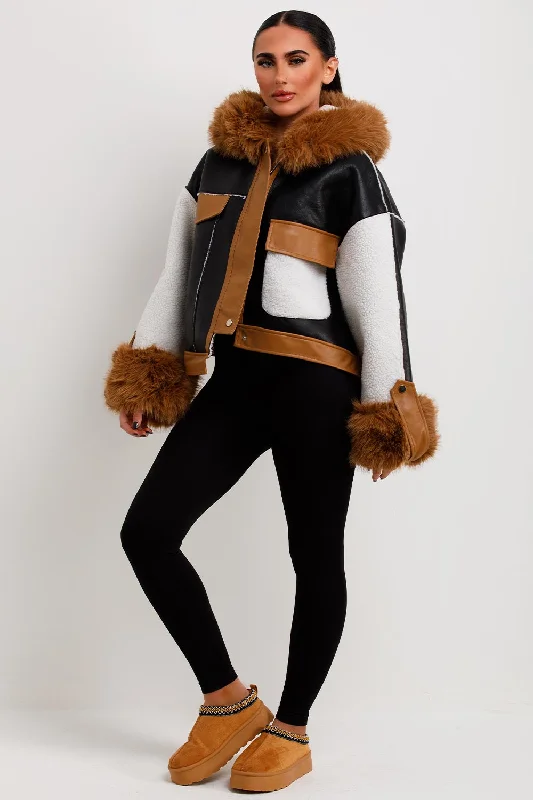 Shearling Faux Leather Jacket With Faux Fur Hood Black Tailored Jacket Straight Jacket A-Line Jacket