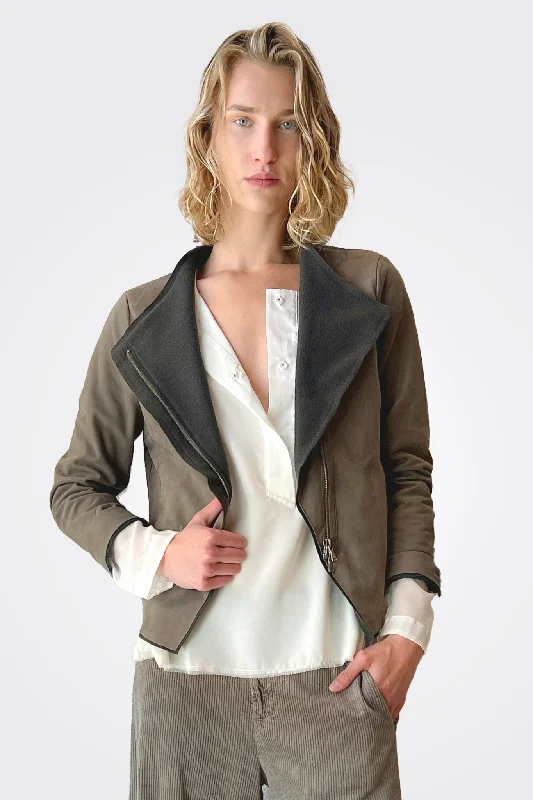 Short Zipped Waxed Leather Lined Jacket - Taupe Front Pockets Side Pockets Patch Pockets