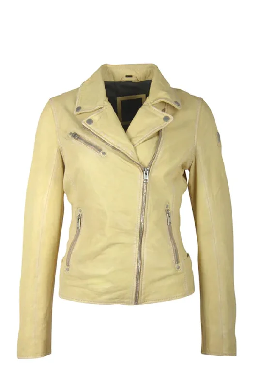 Sofia Leather Jacket - Pale Yellow One-Shoulder Jacket Off-the-Shoulder Jacket Asymmetrical Jacket