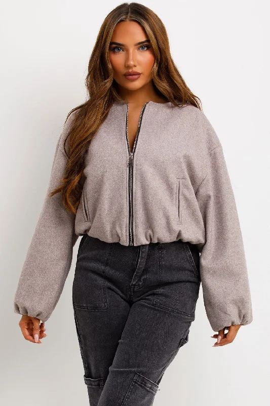 Soft Bomber Jacket Ecru Zip Front Button Front Snap Front