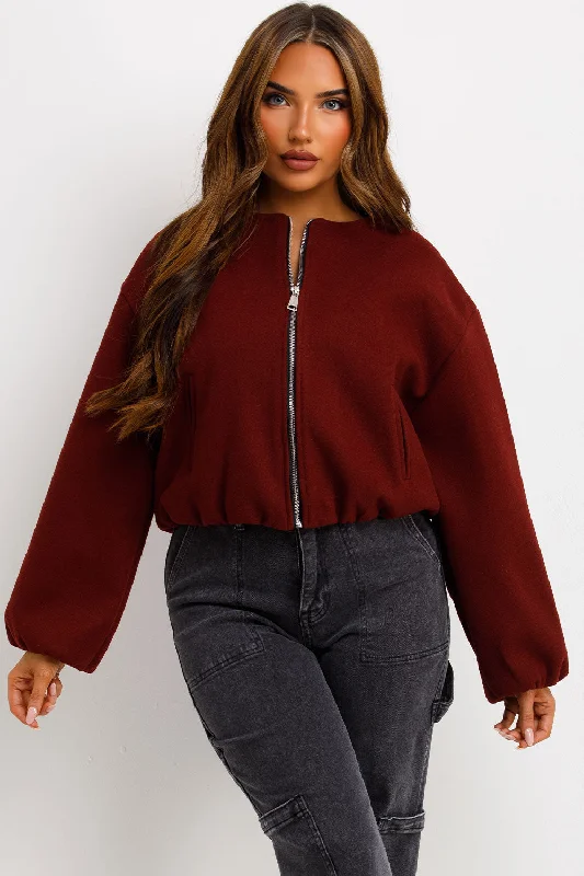 Soft Bomber Jacket Wine Boat Neck Shawl Collar Notched Collar