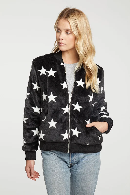 Star Faux Fur Long Sleeve Bomber Jacket Nylon Jacket Polyester Jacket Spandex Jacket Star Faux Fur Long Sleeve Bomber Jacket Nylon Jacket Polyester Jacket Spandex Jacket