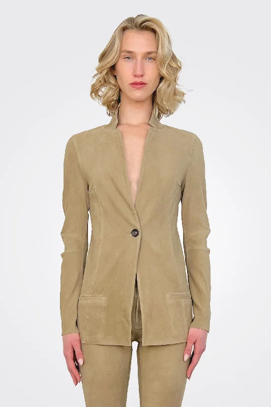 Stretch Leather Jacket - Taupe Belted Jacket Elasticated Jacket Padded Jacket