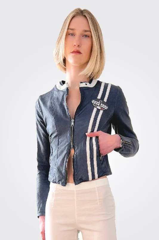 Striped Racer Leather Jacket - Navy Front Pockets Side Pockets Patch Pockets