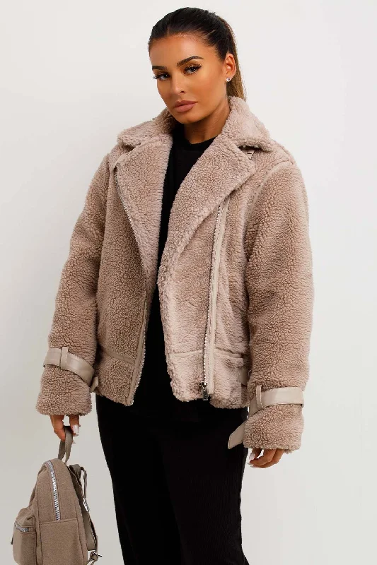 Teddy Aviator Jacket Beige Faux Fur Jacket Real Fur Jacket Shearling Jacket