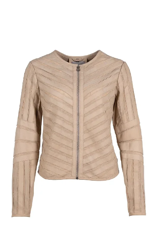 Tila Leather Jacket - Beige Print Jacket Jacquard Jacket Patchwork Jacket