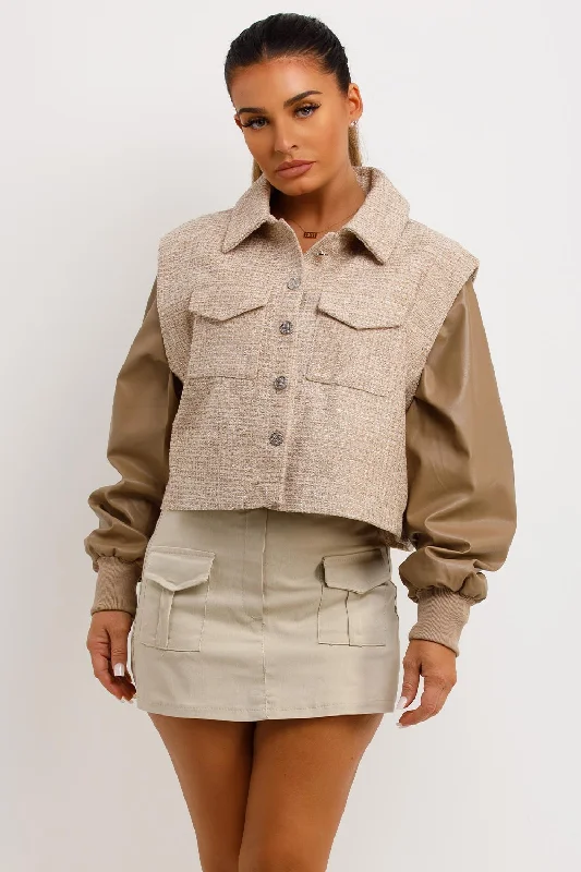 Tweed Bomber Jacket With Faux Leather Sleeves Beige Faux Fur Fabric Real Fur Fabric Shearling Fabric