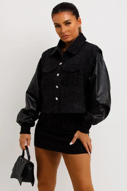 Tweed Bomber Jacket With Faux Leather Sleeves Black Fleece Jacket Down Jacket Feather Jacket