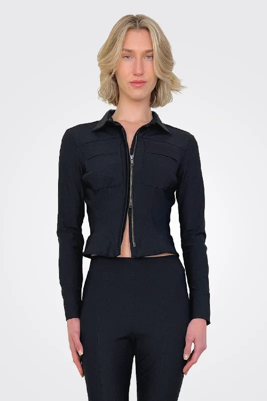 Valencia Tech Patch Pocket Shirt Jacket - Black Print Jacket Jacquard Jacket Embroidered Jacket