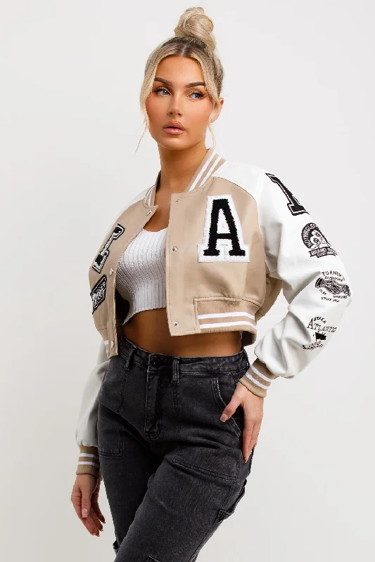 Varsity Bomber Faux Leather Jacket With Letter Detail Beige Snapped Jacket Toggled Jacket Drawstring Jacket