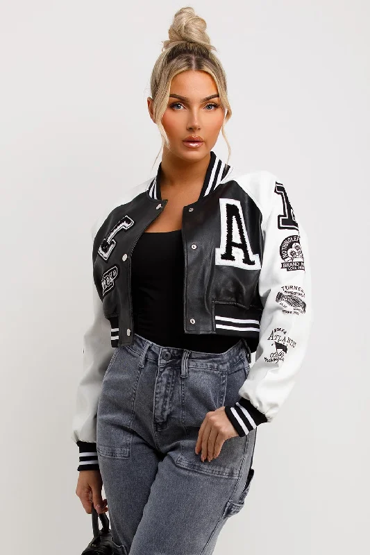 Varsity Bomber Faux Leather Jacket With Letter Detail Black White Tiered Jacket Buttoned Jacket Zippered Jacket
