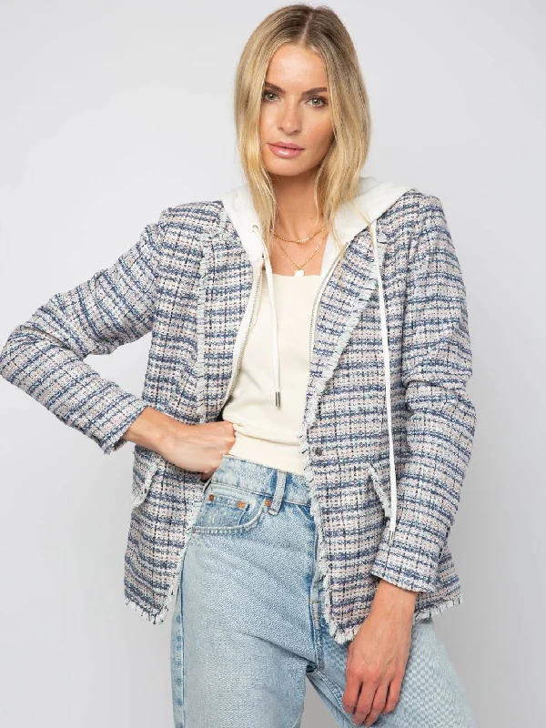 Veronica Plaid Dickie Tweed Jacket - Navy Combo V-Neck Jacket Boat Neck Jacket Square Neck Jacket