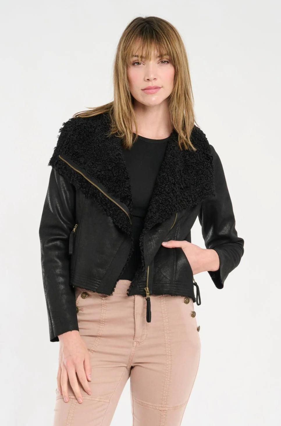 Wylder Shearling Jacket - Black Welt Pockets Slit Pockets Flap Pockets