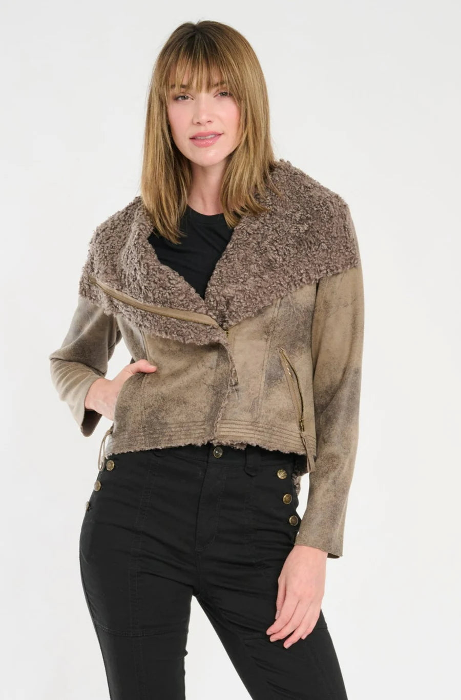 Wylder Shearling Jacket - Taupe Knit Fabric Woven Fabric Fleece Fabric