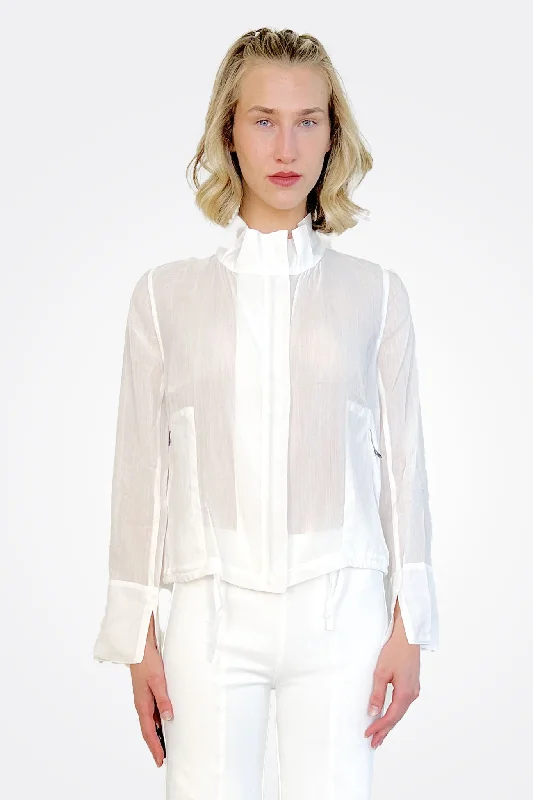 Yabella Sheer Mockneck Zip Jacket - White Notch Collar Jacket Peter Pan Collar Jacket Cowl Neck Jacket Yabella Sheer Mockneck Zip Jacket - White Notch Collar Jacket Peter Pan Collar Jacket Cowl Neck Jacket