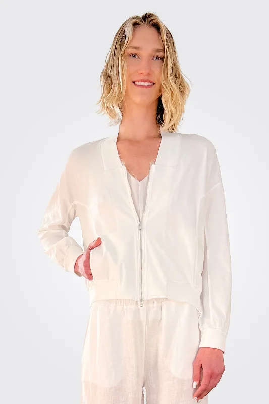 Zip Up Jacket - White Boat Neck Shawl Collar Notched Collar