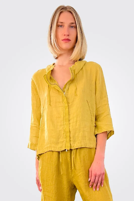 Zipped Hooded Linen Jacket - Lime Knit Jacket Woven Jacket Fleece Jacket