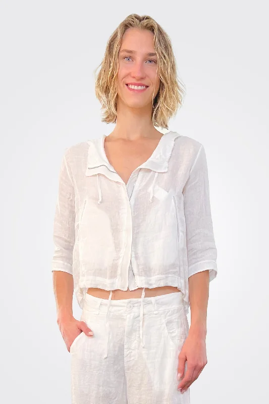 Zipped Hooded Linen Jacket - White Front Pockets Side Pockets Patch Pockets