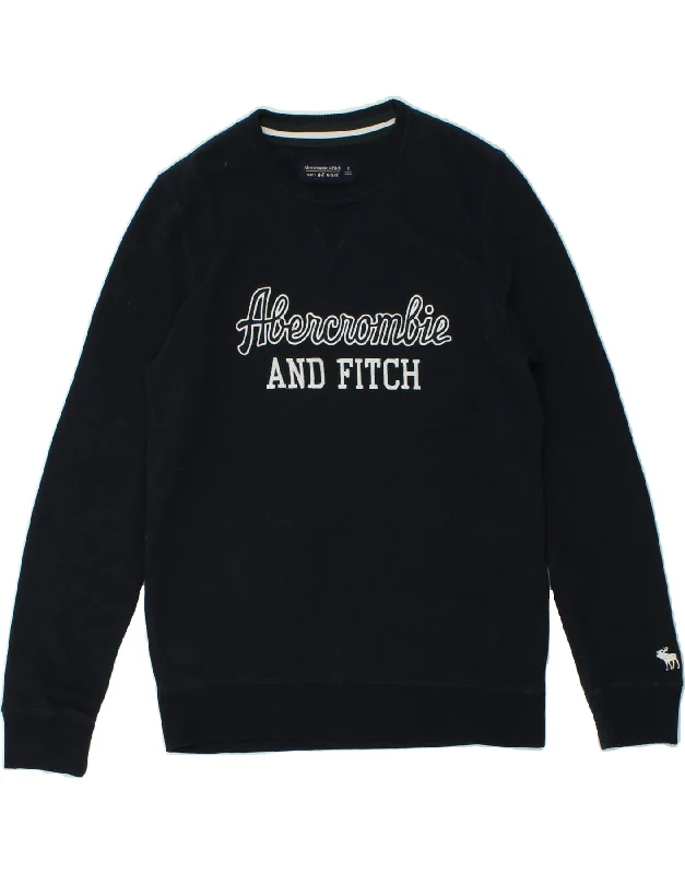 ABERCROMBIE & FITCH Mens Graphic Sweatshirt Jumper Small Navy Blue Cotton Hoodie with Illustration Artistic Creative