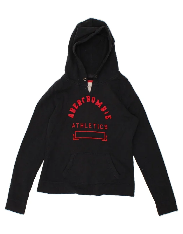 ABERCROMBIE & FITCH Womens Graphic Hoodie Jumper UK 16 Large Navy Blue Hoodie with Raw Hem Edgy Unfinished