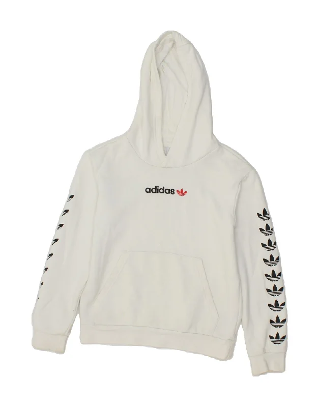 ADIDAS Boys Graphic Hoodie Jumper 9-10 Years White Cotton Hoodie with Hem Embroidery Detailed Premium