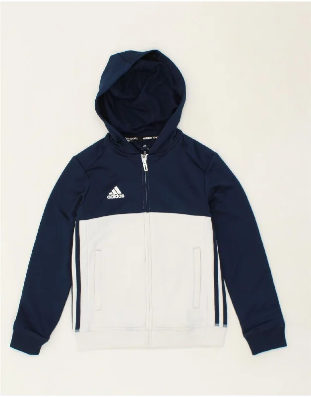 ADIDAS Boys Graphic Zip Hoodie Sweater 9-10 Years Small  Navy Blue Hoodie with Earth Tones Natural Calm