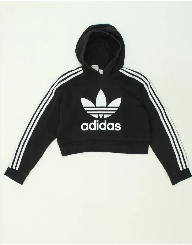 ADIDAS Girls Crop Graphic Hoodie Jumper 11-12 Years Large Black Cotton Hoodie with Gradient Ombre Colorful