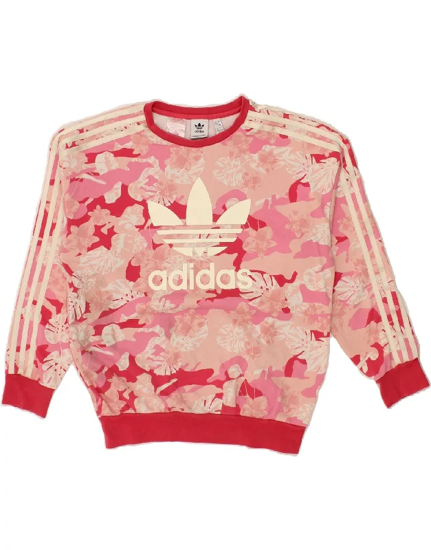 ADIDAS Girls Graphic Sweatshirt Jumper 12-13 Years Pink Floral Cotton Hoodie with Turtle Neck Cozy Winter