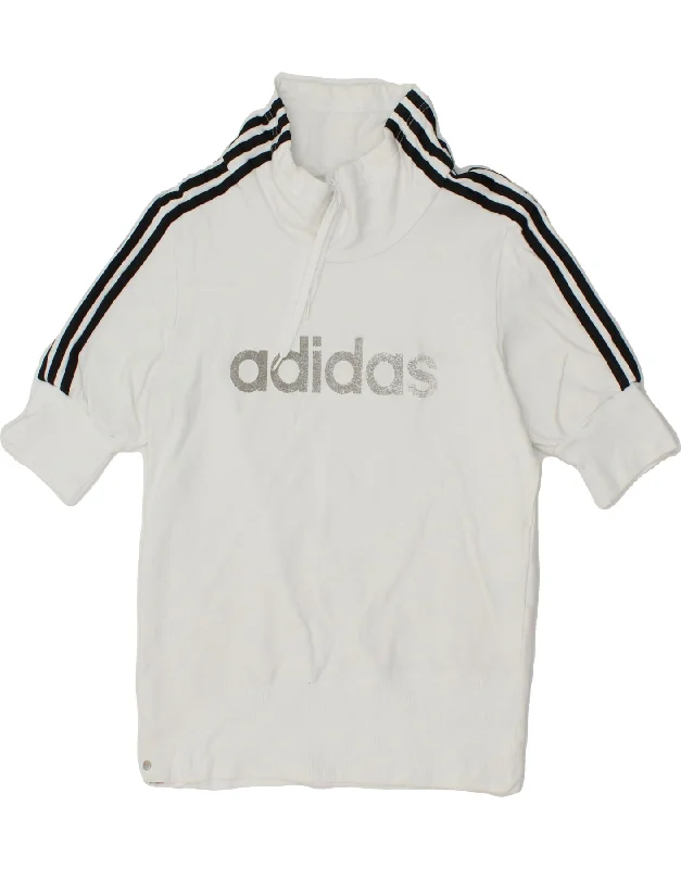 ADIDAS Womens Graphic 1/2 Sleeve Sweatshirt Jumper UK 16 Large White Hoodie with Monochrome Minimalist Simple
