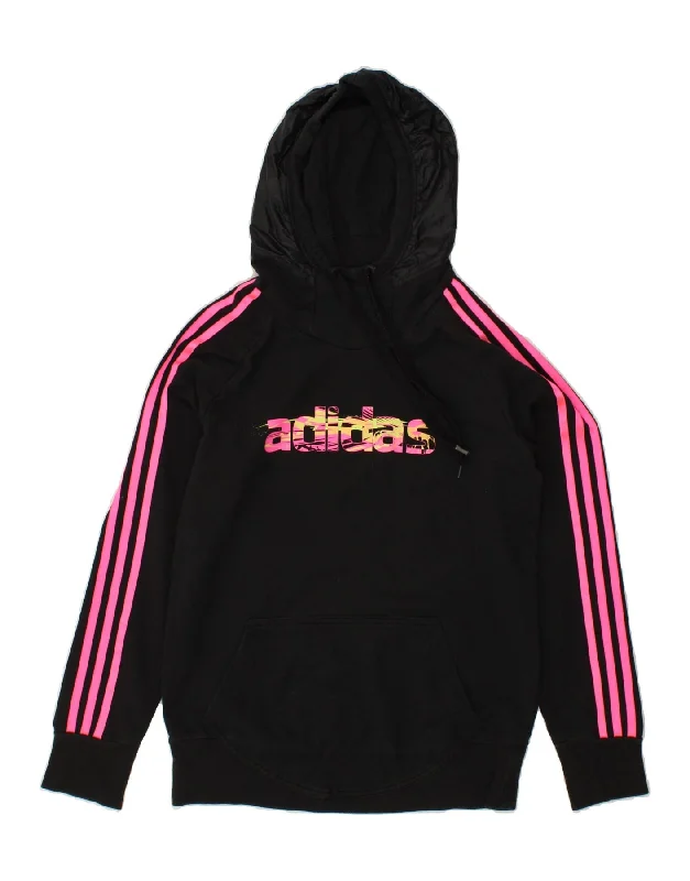 ADIDAS Womens Graphic Hoodie Jumper UK 12/14 Medium Black Hoodie with Drop Shoulder Relaxed Streetwear