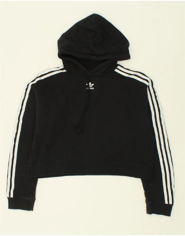 ADIDAS Womens Oversized Crop Hoodie Jumper UK 10 Small Black Hoodie with Side Slits Relaxed Casual