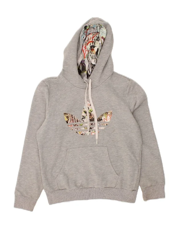 ADIDAS Womens Oversized Graphic Hoodie Jumper UK 10 Small Grey Cotton Hoodie with High Neck Warm Protective