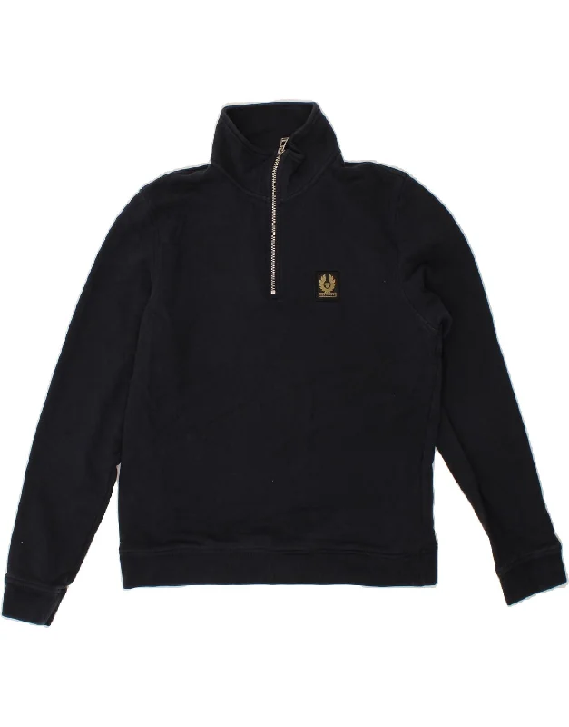 BELSTAFF Mens Zip Neck Sweatshirt Jumper Large Navy Blue Cotton Hoodie with Rhinestones Sparkly Elegant