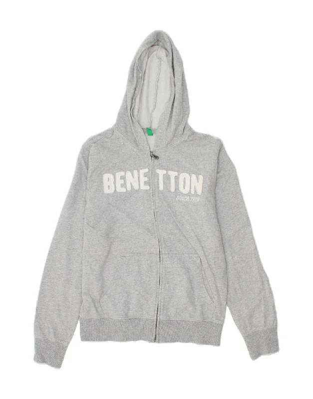 BENETTON Boys Graphic Zip Hoodie Sweater 11-12 Years 2XL Grey Cotton Hoodie with Ribbed Cuffs Snug Fit Comfort
