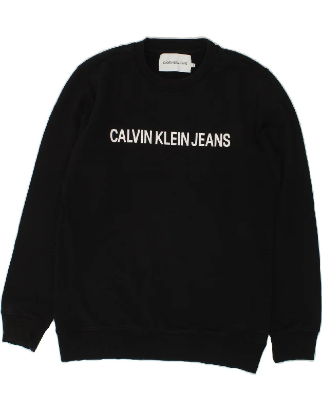 CALVIN KLEIN JEANS Mens Graphic Sweatshirt Jumper Large Black Cotton Hoodie with Set-In Sleeves Structured Classic