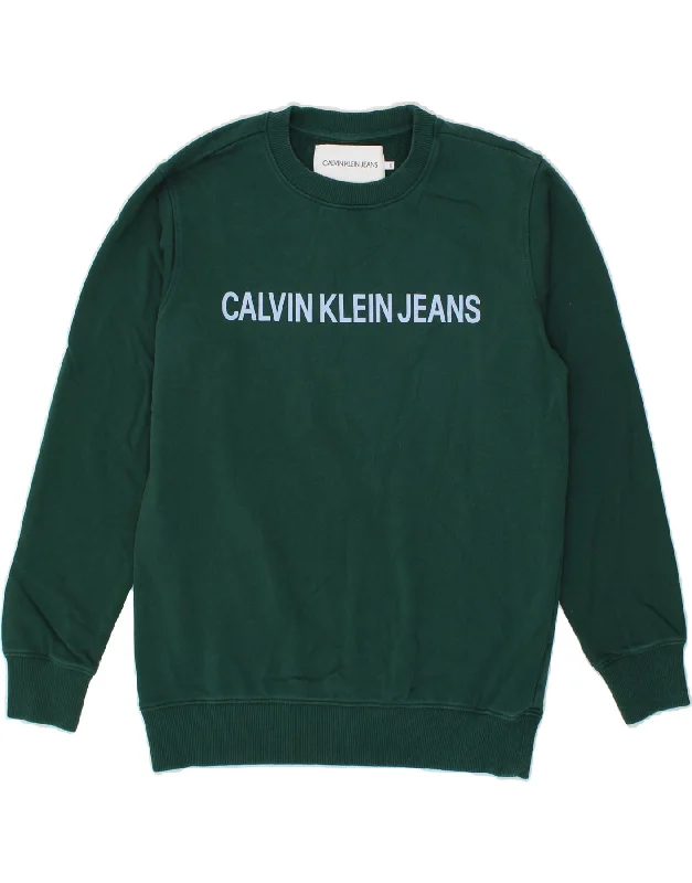 CALVIN KLEIN JEANS Mens Graphic Sweatshirt Jumper Small Green Cotton Hoodie with Stripes Bold Sporty