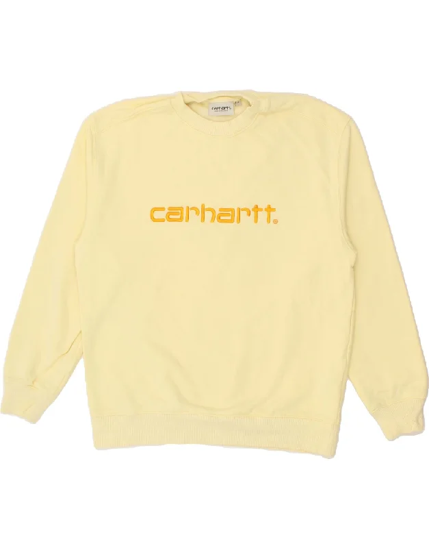 CARHARTT Mens Graphic Sweatshirt Jumper Small Yellow Cotton Hoodie with Button Placket Classic Preppy