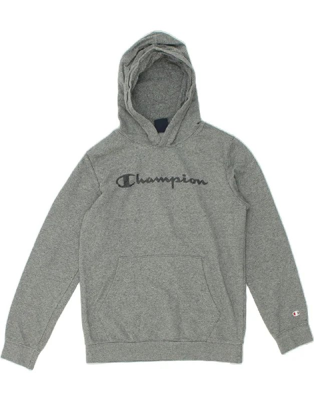 CHAMPION Boys Graphic Hoodie Jumper 13-14 Years XL Grey Flecked Cotton Hoodie with Oversized Fit Loose Comfortable