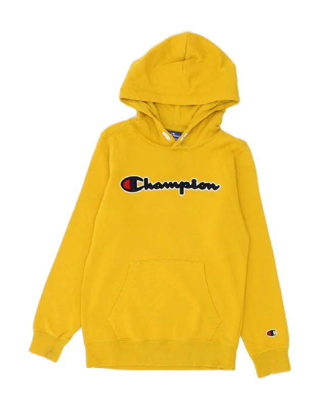 CHAMPION Boys Graphic Hoodie Jumper 9-10 Years Medium Yellow Cotton Graphic Hoodie Design Print