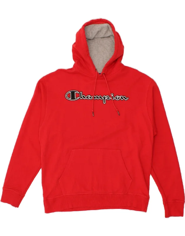 CHAMPION Mens Graphic Hoodie Jumper Large Red Hoodie with V-Neck Classic Versatile