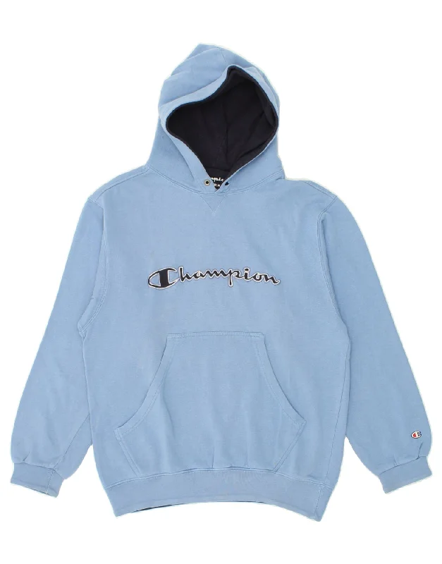 CHAMPION Mens Graphic Hoodie Jumper Medium Blue Cotton Hoodie with Patch Decorative Personalized