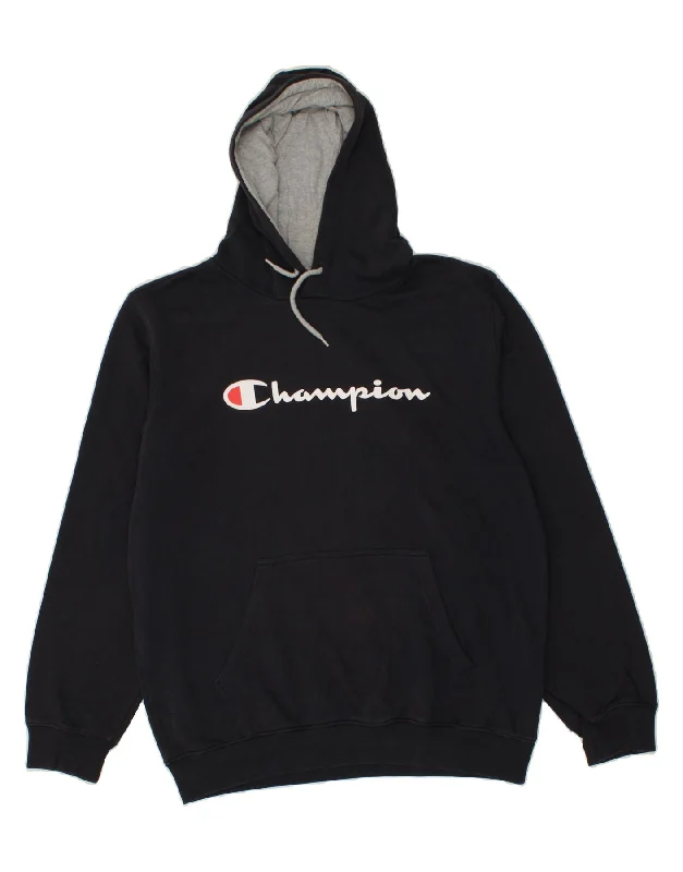 CHAMPION Mens Graphic Hoodie Jumper XL Navy Blue Cotton Hoodie with Hem Detail Decorative Unique