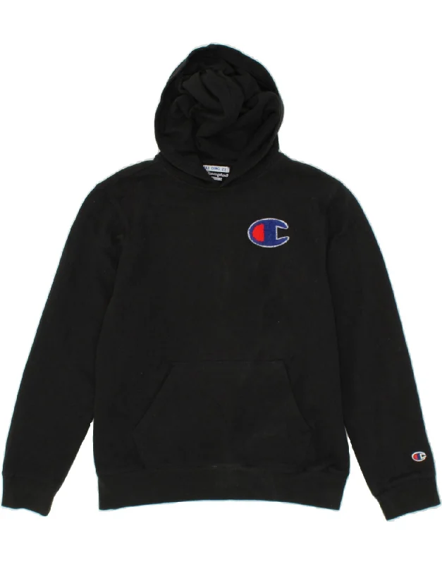 CHAMPION Womens Graphic Hoodie Jumper UK 18 XL Black Cotton Hoodie with Drop Shoulder Relaxed Streetwear