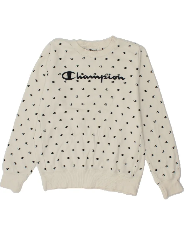 CHAMPION Womens Oversized Crop Graphic Sweatshirt Jumper UK 6 XS Off White Hoodie with Hem Lace Feminine Delicate