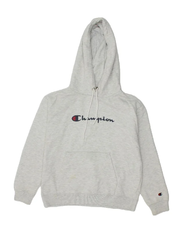 CHAMPION Womens Oversized Graphic Hoodie Jumper UK 6 XS Grey Flecked Hoodie with Hidden Zipper Minimalist Clean