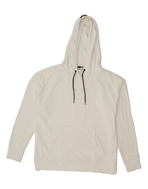 DKNY Womens Oversized Graphic Hoodie Jumper UK 10 Small White Cotton Hoodie with Contrast Stitching Detailed Premium