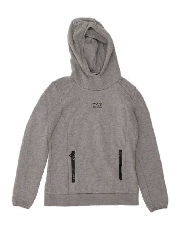EMPORIO ARMANI Womens Hoodie Jumper UK 14 Medium Grey Cotton Hoodie with Hem Fringe Bohemian Relaxed